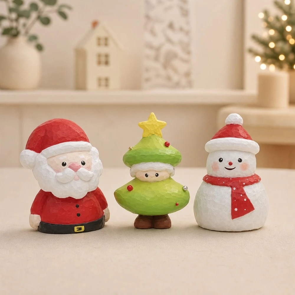 Santa Christmas tree and snowman wooden ornaments displayed together