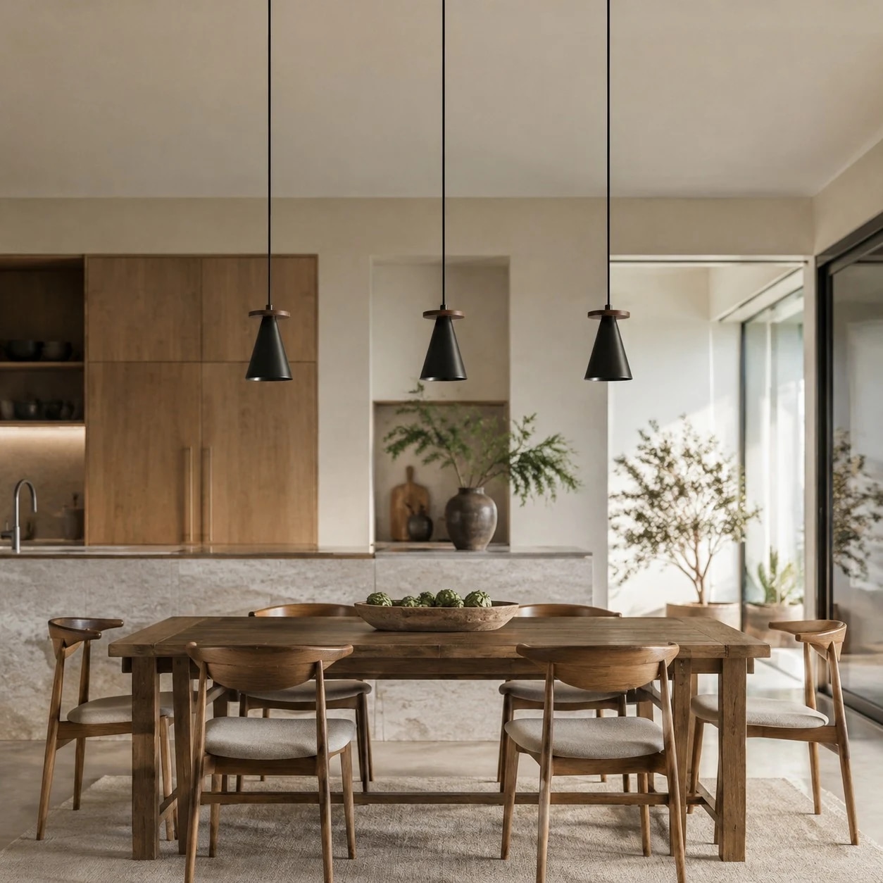 Black walnut pendant light in a hallway setting