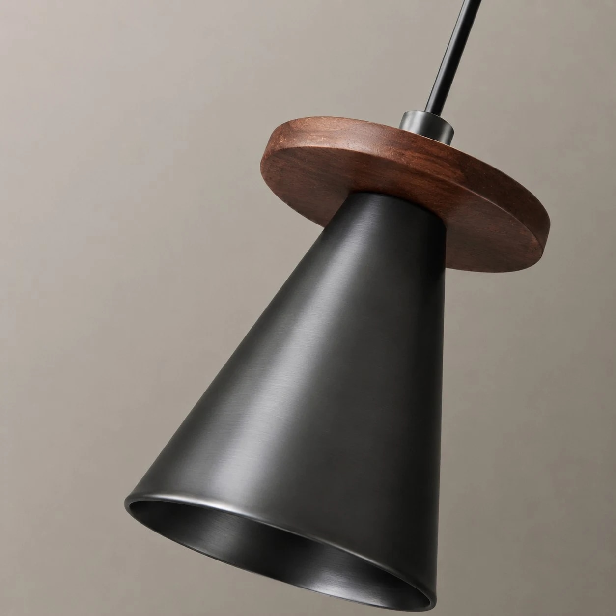 Walnut wood ring and black pendant light body detail