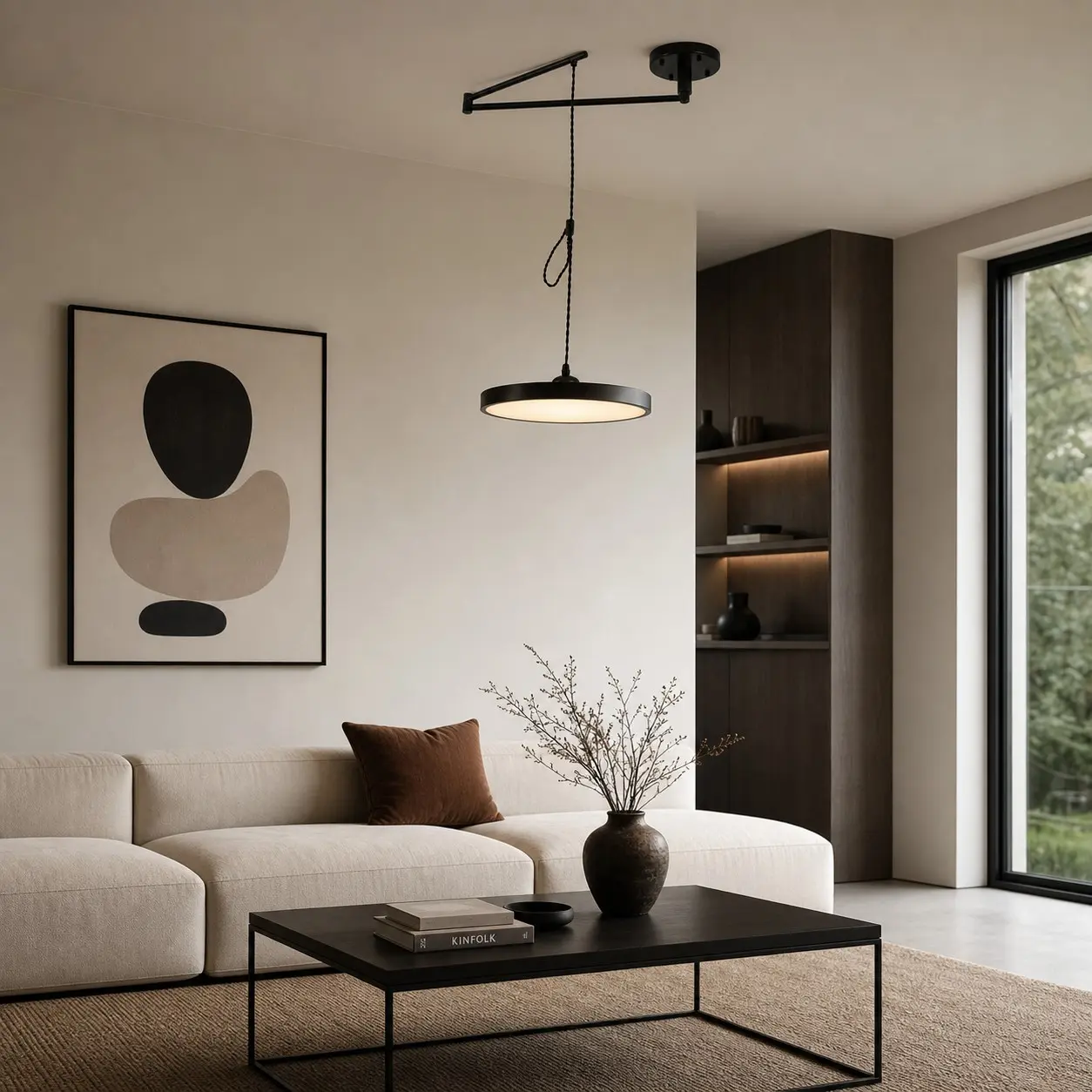 Black movable pendant light in a modern living room