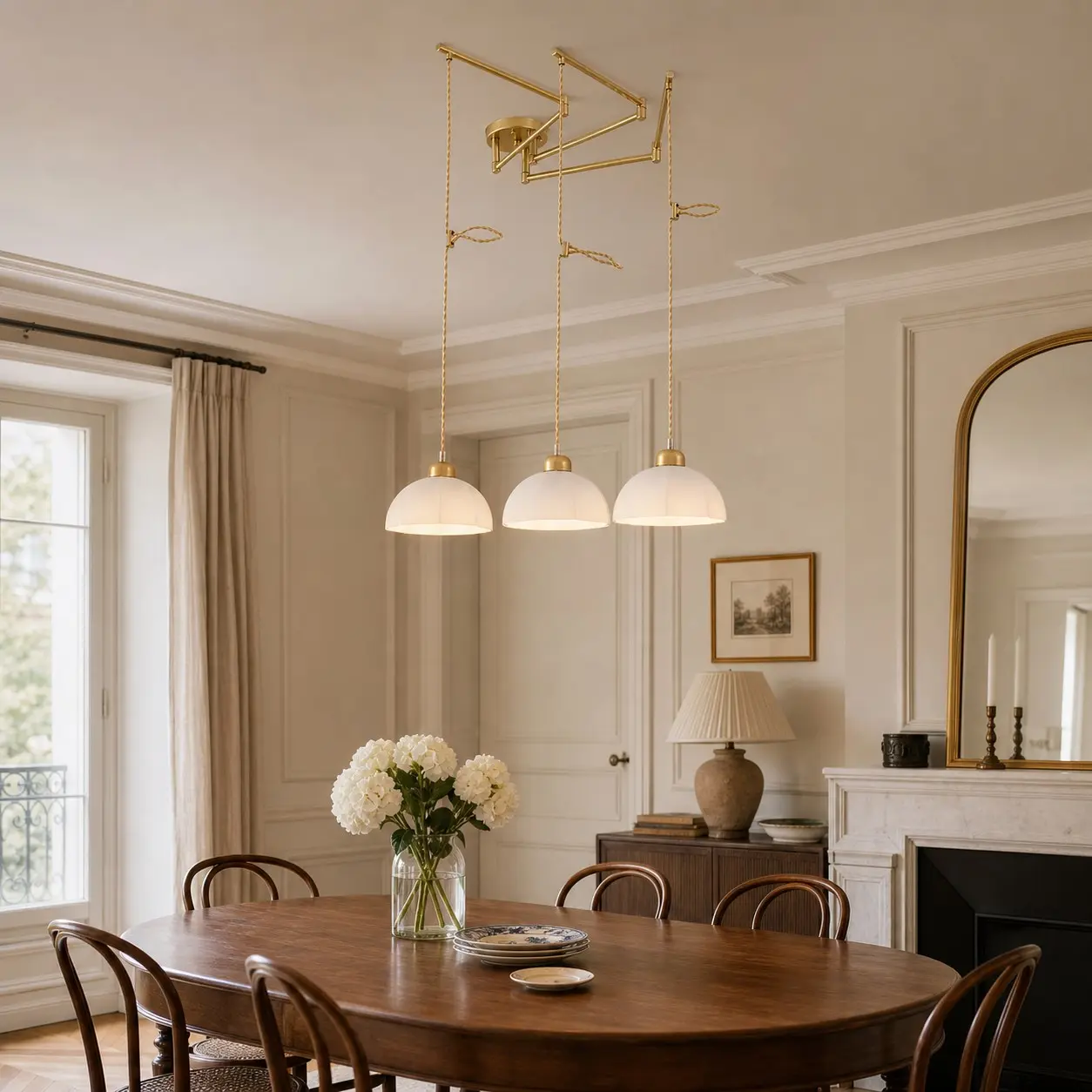 Gold three-light pendant above a dining table