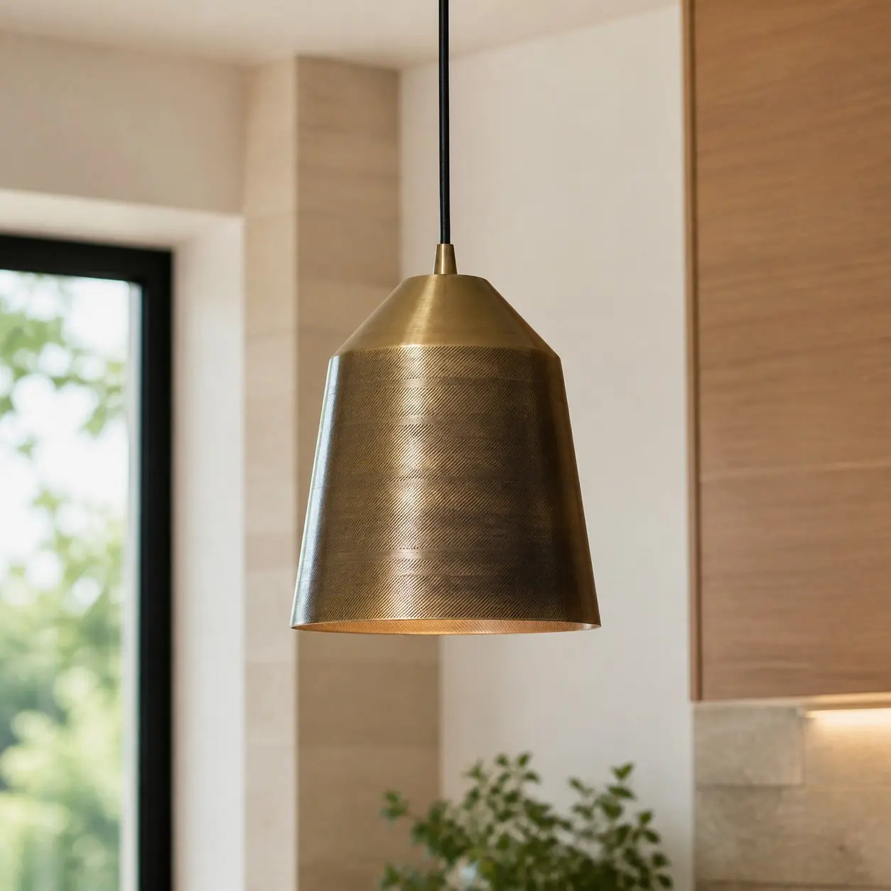 Hand-carved brass pendant lighting in an interior