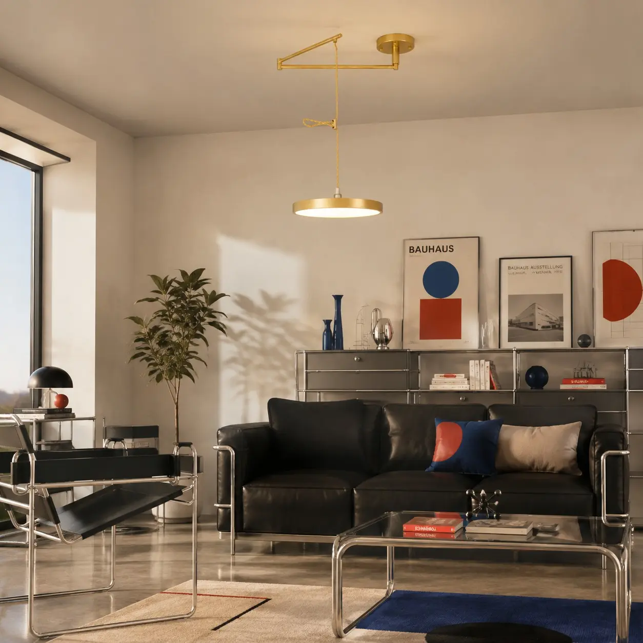 Gold movable pendant light in a Bauhaus-inspired living room