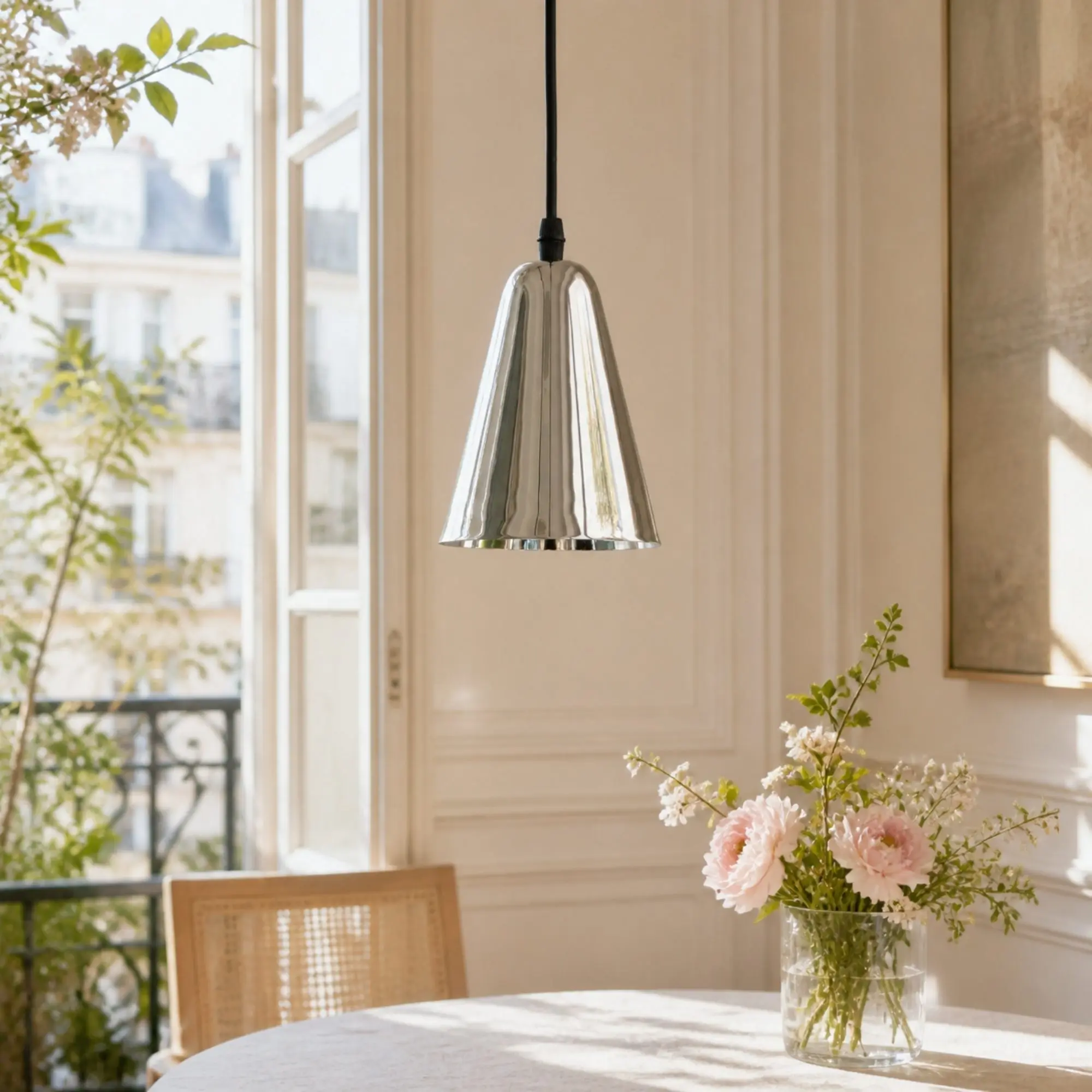 Polished chrome pendant light above a dining table