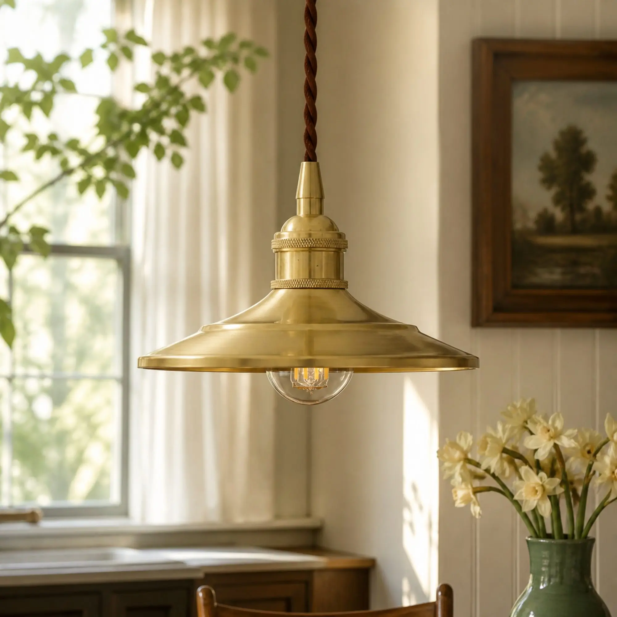 Polished brass pendant light in a warm kitchen setting