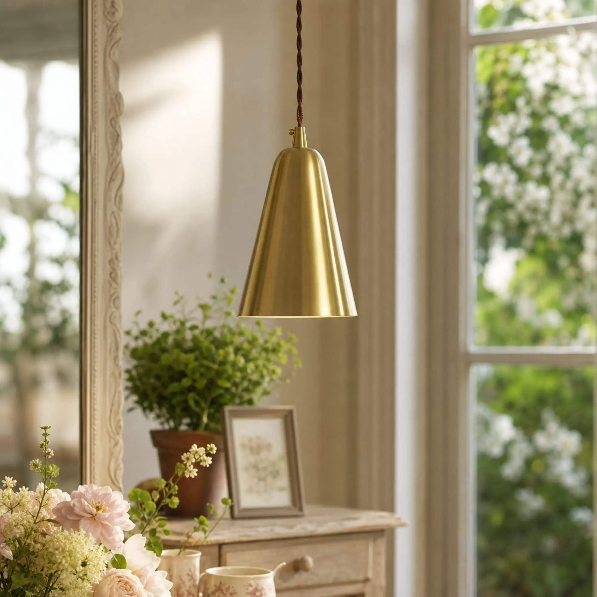 Straight natural brass pendant light in a sunlit room
