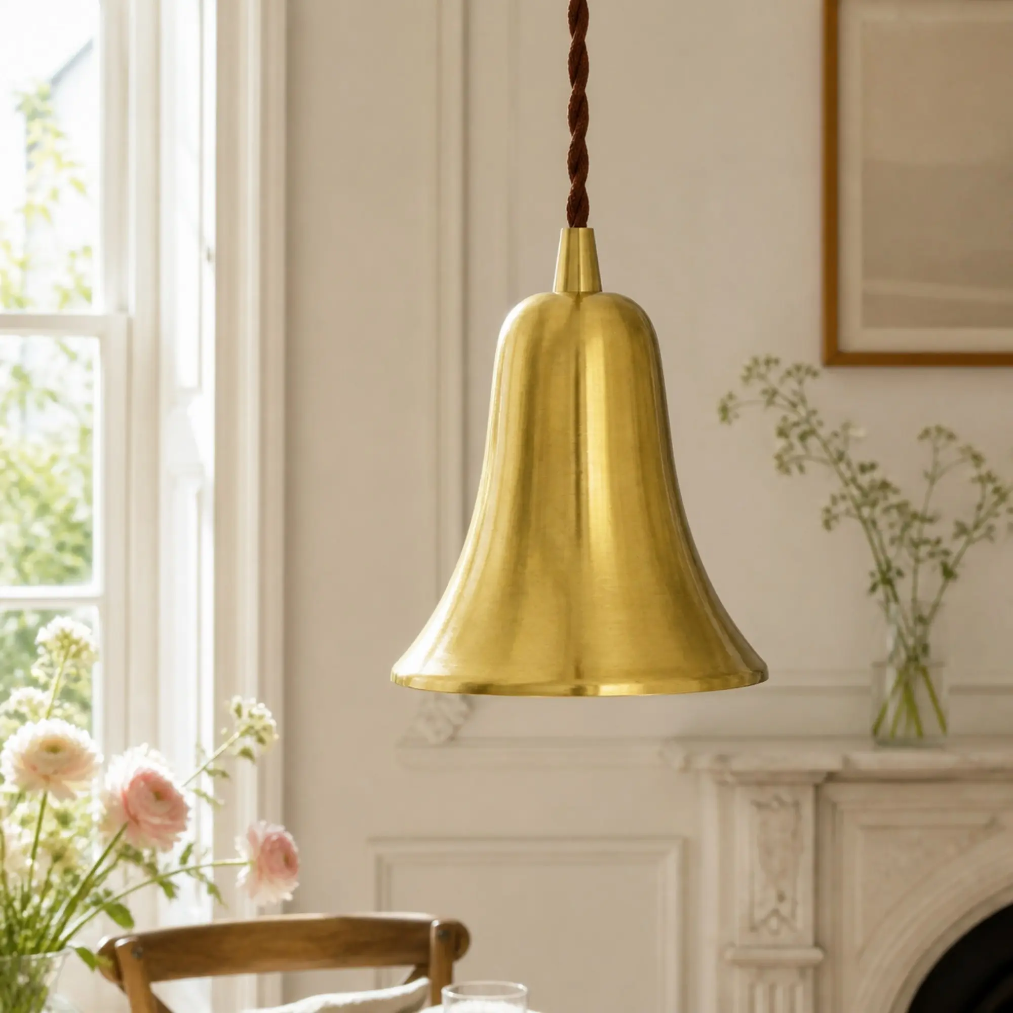 Natural brass bell pendant light in a bright dining room