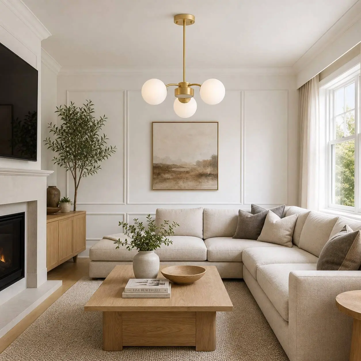 Milk glass chandelier in a modern living room
