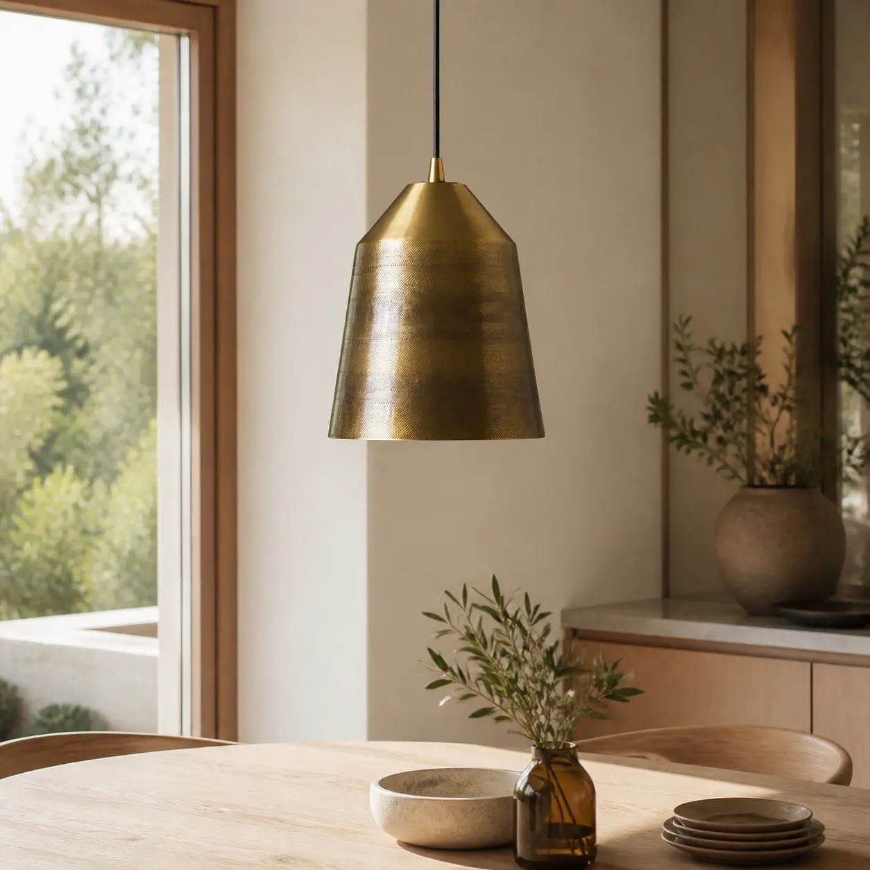 Compact brass pendant lamp in a styled room