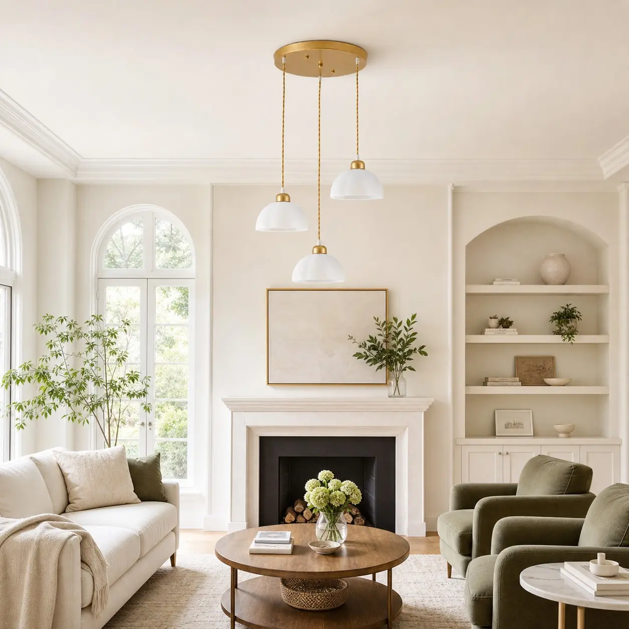 Milk glass pendant lighting installed above a dining area