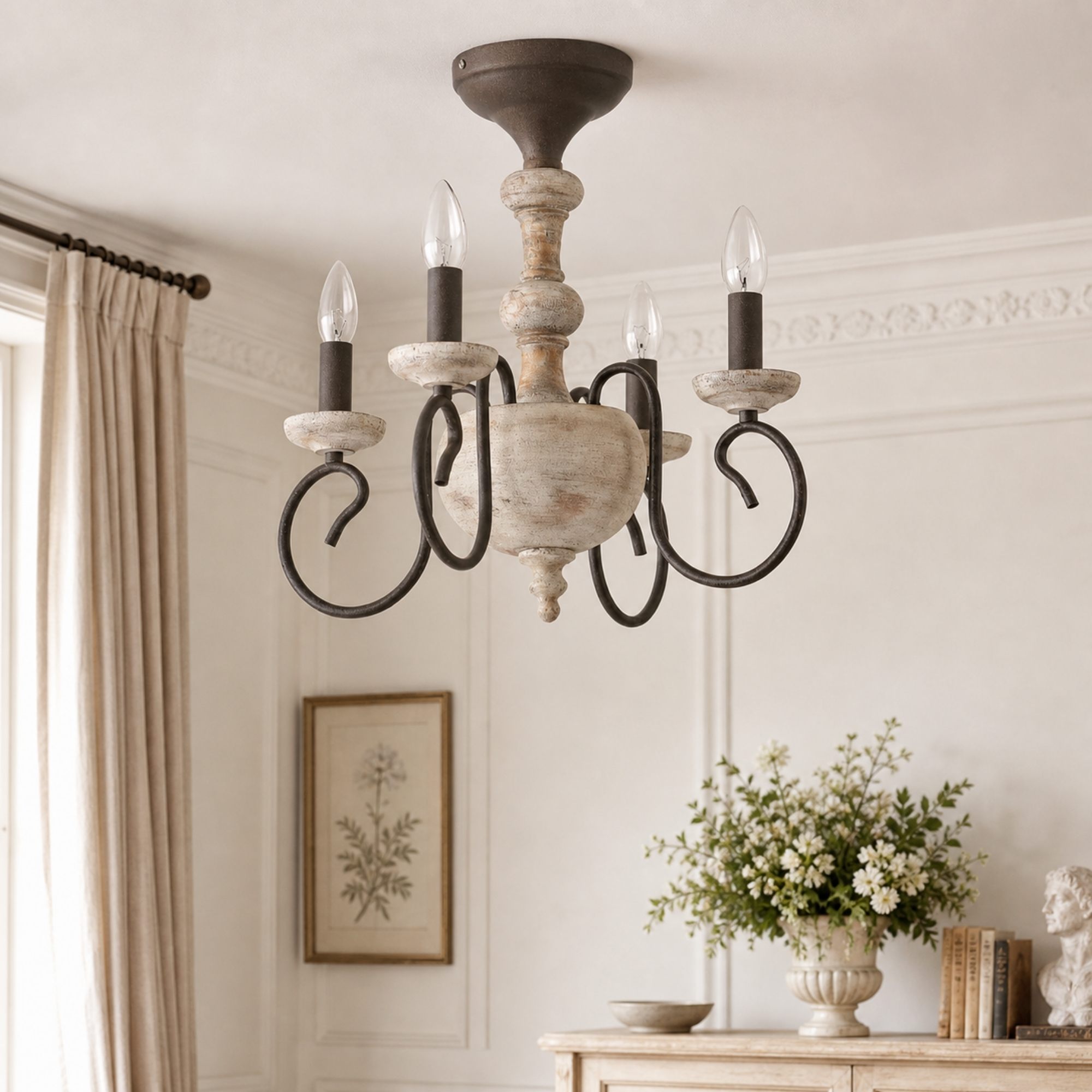 cream room scene with rustic four light semi flush chandelier