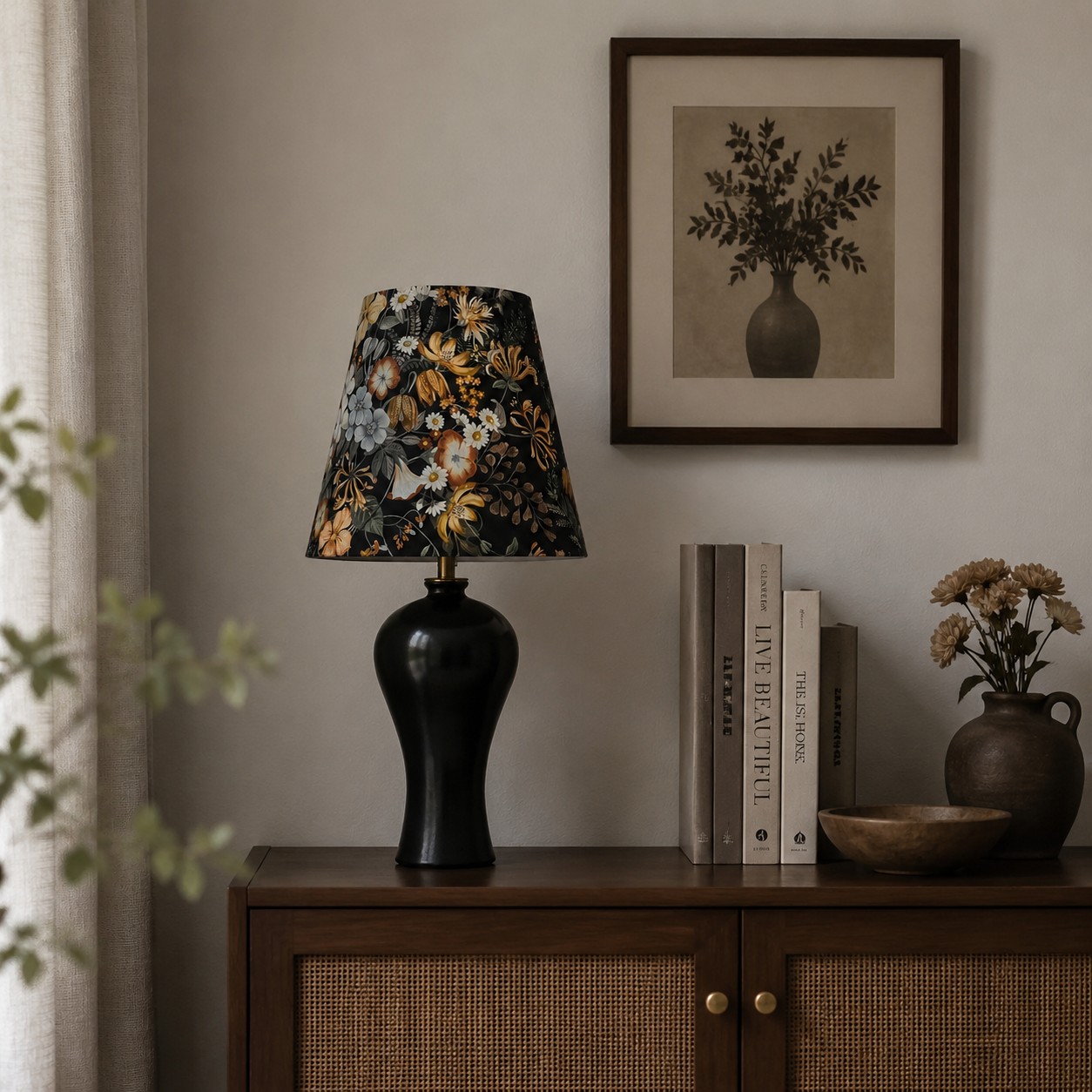 Table lamp on console with floral shade